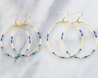 Navy Turquoise Beaded Hoop Earrings, Big Hoops, Bohemian Earrings, Gifts For Her, Beaded Earrings, Gift for Girlfriend, Seed Bead Earrings