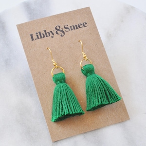 Emerald Green Tassel Earrings, Mini Tassel Earrings, Kelly Green Earrings, Irish St Patricks Day Earrings, Tassle Earrings, Long Tassel