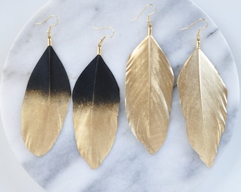 5 inch Black Feather Earrings, Gold Dipped Tassel Earrings, Statement Boho Earrings, Bohemian Earrings, Tassle Earrings, Black Tassel