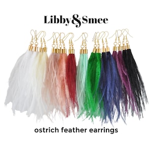 May include: A set of ten ostrich feather earrings in various colors, including white, cream, pink, red, mint green, dark green, navy blue, purple, and black. The earrings are all made with gold-toned metal.