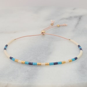 Navy Blue and Turquoise String Bracelet, Seed Bead Bracelet, Adjustable Tiny Beaded Bracelets, Layering Bracelet, Aqua Friendship Bracelet