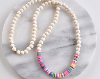 Boho Beaded Necklace, Wood Bead Necklace, Surfer Necklace, Heishi Bead Necklace, Bohemian Necklace, Boho Necklace, Rainbow Bead Necklace