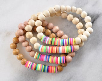 Pulsera de cuentas Heishi, pulsera de cuentas de madera, pulsera Heishi de madera, pulsera elástica de madera, pulsera bohemia, brazalete de disco Heishi, pulsera apilable