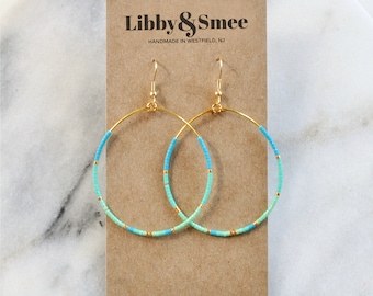 Turquoise Beaded Hoop Earrings, Gold Hoop Earrings, Aqua Blue Earrings, Seed Bead Hoops, Mint Beaded Earrings, Gift for Her, Aruba Hoops