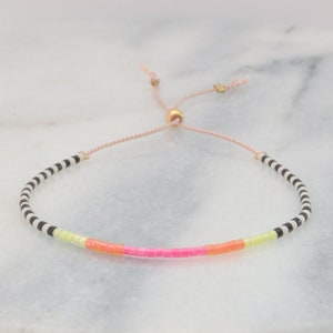 Neon String Bracelet, Seed Bead Bracelet, Tiny Beaded Bracelet, Black and White Striped Bracelet, Neon Pink Bracelet, Friendship Bracelet