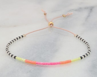 Neon String Bracelet, Seed Bead Bracelet, Tiny Beaded Bracelet, Black and White Striped Bracelet, Neon Pink Bracelet, Friendship Bracelet