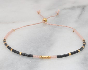 Black and Gold String Bracelet, Seed Bead Bracelet, Tiny Bead Bracelet, Beaded Bracelet, Friendship Bracelet,Black and Blush Beaded Bracelet