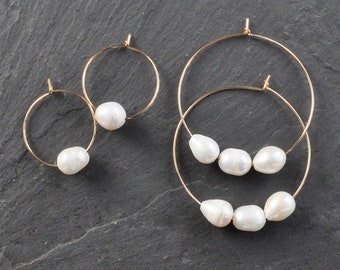 Large Pearl Hoops, Gold Filled Hoop Earrings with Cultured Freshwater Pearls, Gold Filled Pearl Earrings, Bridal Hoops, Pearl Wedding Hoops