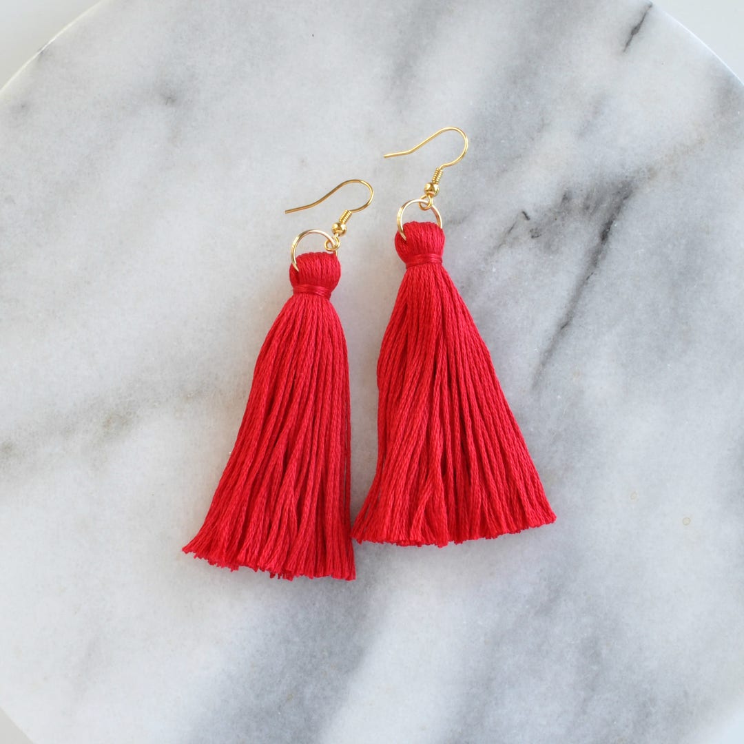 Red Tassel Earrings, Mini Tassel Earrings, Boho Earrings, Long Tassel
