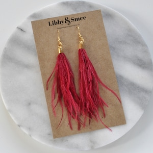 Dark Red Feather Earrings, Red Tassel Earrings, Bohemian Earrings, Long Earrings, Red Ostrich Feather Earrings, Boho Earrings, Gift Idea