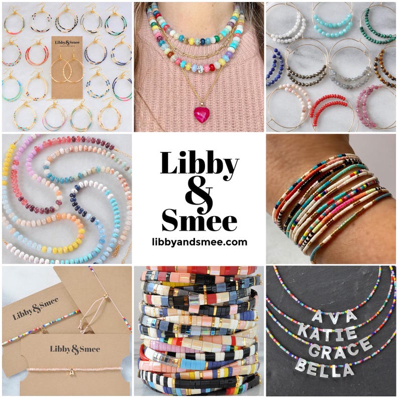 May include: Assortment of colorful beaded jewelry, including necklaces, bracelets, and earrings. The jewelry is made with various beads, including glass, wood, and plastic. The jewelry is displayed on a white background with the text "Libby & Smee" and "libbyandsmee.com".