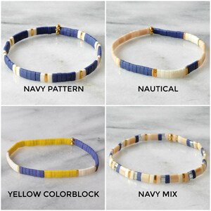 May include: Four different styles of beaded bracelets. The bracelets are made with blue, white, yellow, and beige beads. The bracelets are arranged in a grid pattern. The bracelets are labeled "Navy Pattern", "Nautical", "Yellow Colorblock", and "Navy Mix".