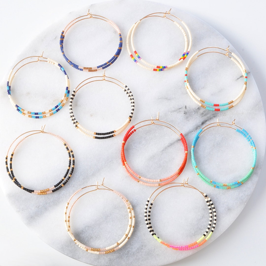 Gold Filled Beaded Hoops, Seed Bead Hoops, Black and Gold Beaded Hoops