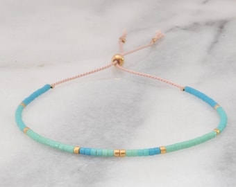 Turquoise Seed Bead Bracelet, Adjustable String Bracelet, Tiny Beaded Bracelet, Layering Aqua Blue Bead Bracelet,Minimal Friendship Bracelet