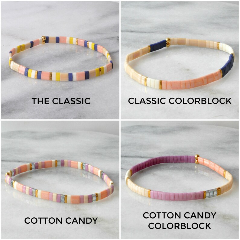 May include: Four colorful beaded bracelets with different color combinations. The bracelets are called "The Classic", "Classic Colorblock", "Cotton Candy", and "Cotton Candy Colorblock".
