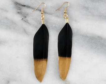 Black Feather Earrings, Gold Dipped Earrings, Black and Gold Feather,  Boho Earrings, Bohemian Earrings, Black Tassel Earrings, Black Tassle