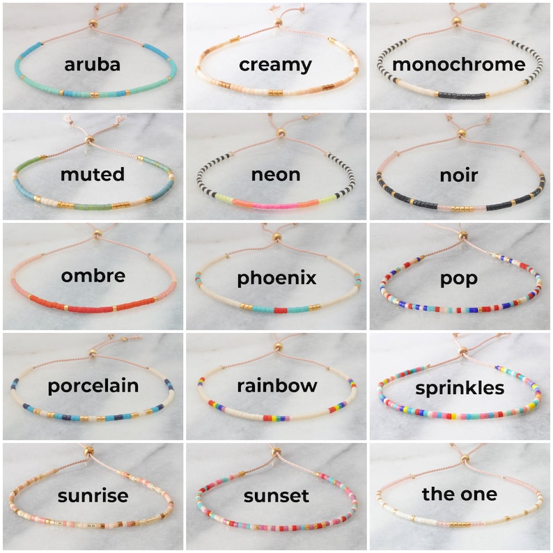 May include: A collection of 15 colorful beaded bracelets with adjustable string closures. Each bracelet has a unique name, such as "aruba", "creamy", "monochrome", "muted", "neon", "noir", "ombre", "phoenix", "pop", "porcelain", "rainbow", "sprinkles", "sunrise", "sunset", and "the one".