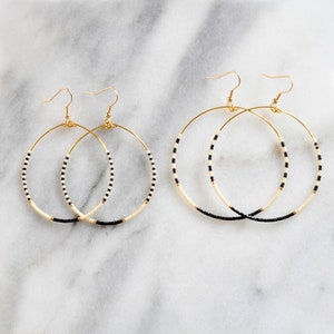 Monochrome Beaded Hoop Earrings, Seed Bead Bohemian Earrings, Gifts For Her, Black and White Beaded Earrings, Lightweight Minimalist Hoops