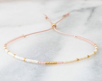 Ivory and Gold Seed Bead Bracelet, Adjustable String Bracelet, Tiny Beaded Bracelet, White Layering Bracelet, Minimalist Friendship Bracelet