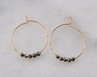 Small Pyrite Beaded Hoop Earrings, Pyrite Hoops, Gold Hoop Earrings, Silver Hoop Earrings, Gunmetal Bead Earrings, Grey Bead, Boho Earrings