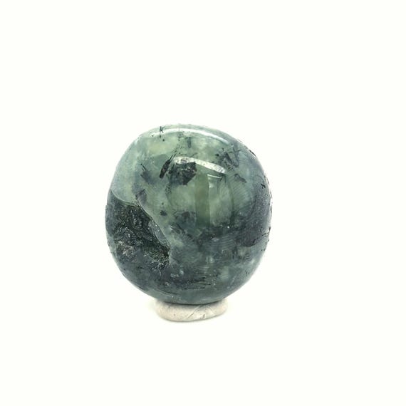 Prehnite with Black Tourmaline, Green Epidote Inclusions, 38mm Tumbled & Polished Stone from Brazil