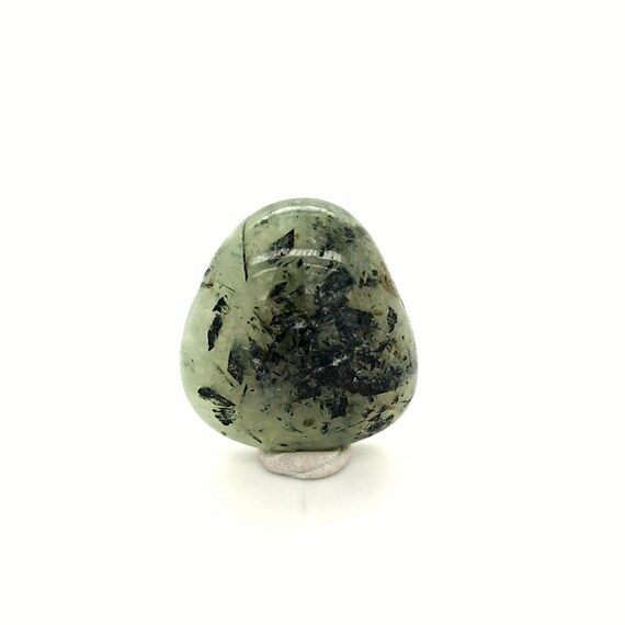 Natural Prehnite Tumbled Stone with Black Tourmaline & Green Epidote Inclusions, 26.4mm from Brazil