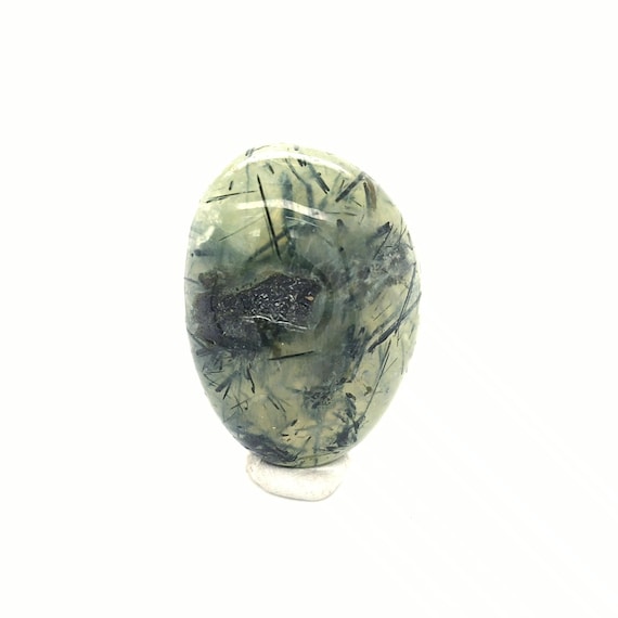 Polished Prehnite Crystal with Black Tourmaline & Green Epidote Inclusions, 44.6mm Tumbled Stone from Brazil