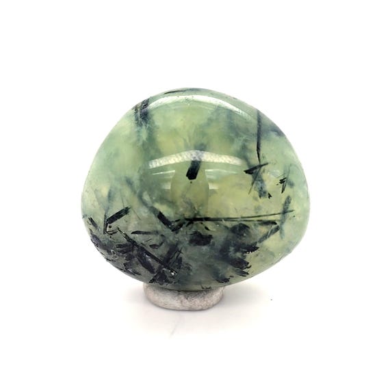 Polished Green Prehnite Crystal with Black Tourmaline & Epidote Inclusions, 37.1mm Tumbled Stone from Brazil