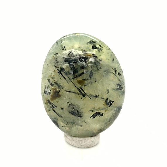 Prehnite with Green Epidote,  Black Tourmaline Inclusions, 36.1mm Tumbled & Polished Stone from Brazil
