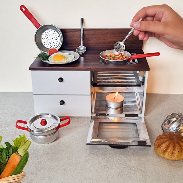 Tiny Cooking Set - Mini Stove for cooking real tiny food \ Working Miniatures\ Mini Oven with miniature pot and pan \ Dollhouse Kitchen Set