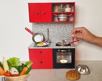 Red Miniature kitchen REAL FOOD Cooking\ Tiny Cooking Set\ Mini Stove\ Working miniature kitchen with accessories