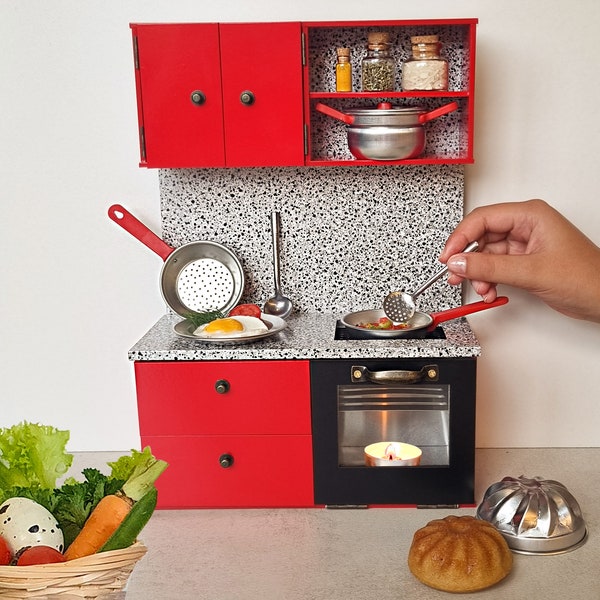 Red Miniature kitchen REAL FOOD Cooking\ Tiny Cooking Set\ Mini Stove\ Working miniature kitchen with accessories
