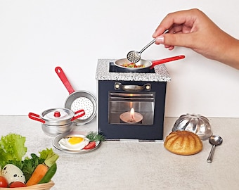 Winziges Kochset – Mini-Herd zum Kochen echter Lebensmittel \ Funktionierende Miniaturen\ Mini-Ofen mit Miniaturtopf und Pfanne \ Mini-Küchenset, das funktioniert