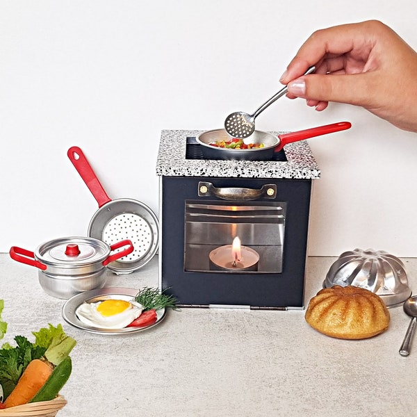 Tiny Cooking Set -Mini Stove for cooking real  food \ Working Miniatures\ Mini Oven with miniature pot and pan \ Mini Kitchen Set that works