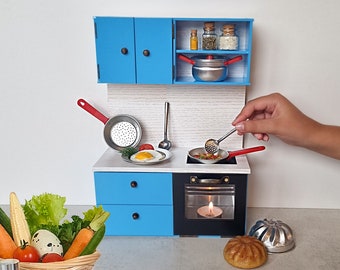 Mini Kitchen that WORKS for Tiny Cooking / Dollhouse kitchen set with real mini oven / stove and accessories / Working Miniatures