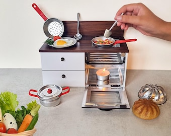 Tiny Cooking Set - Mini Stove for cooking real tiny food \ Working Miniatures\ Mini Oven with miniature pot and pan \ Dollhouse Kitchen Set