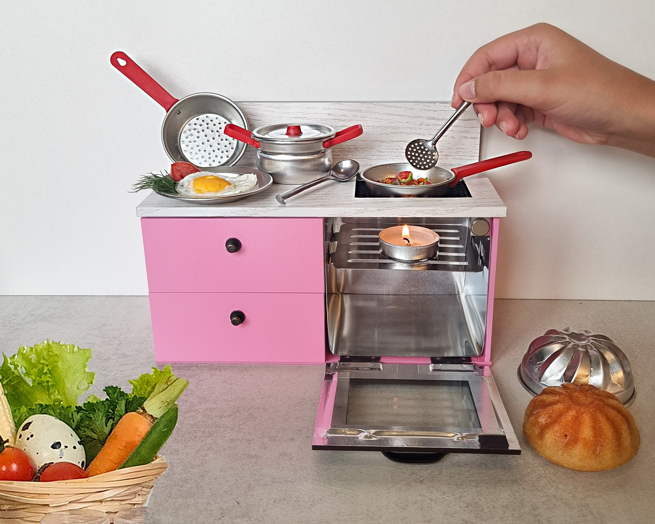 Mini Kitchen Set for Real Cooking / Pink Starter Tiny Cooking Set With Miniature  Cookware and Accessories 