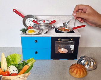 Petit kit de cuisine - Mini cuisinière pour cuisiner de vrais petits aliments \ Miniatures de travail \ Mini four avec casseroles et poêles miniatures \ Ensemble de cuisine pour maison de poupée