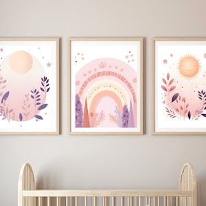 Nursery Printable Wallart Rainbow, Moon & Sun Boho Style, Artful Nursery Printables, Nursery Print, Girls Nursery Wall Decor