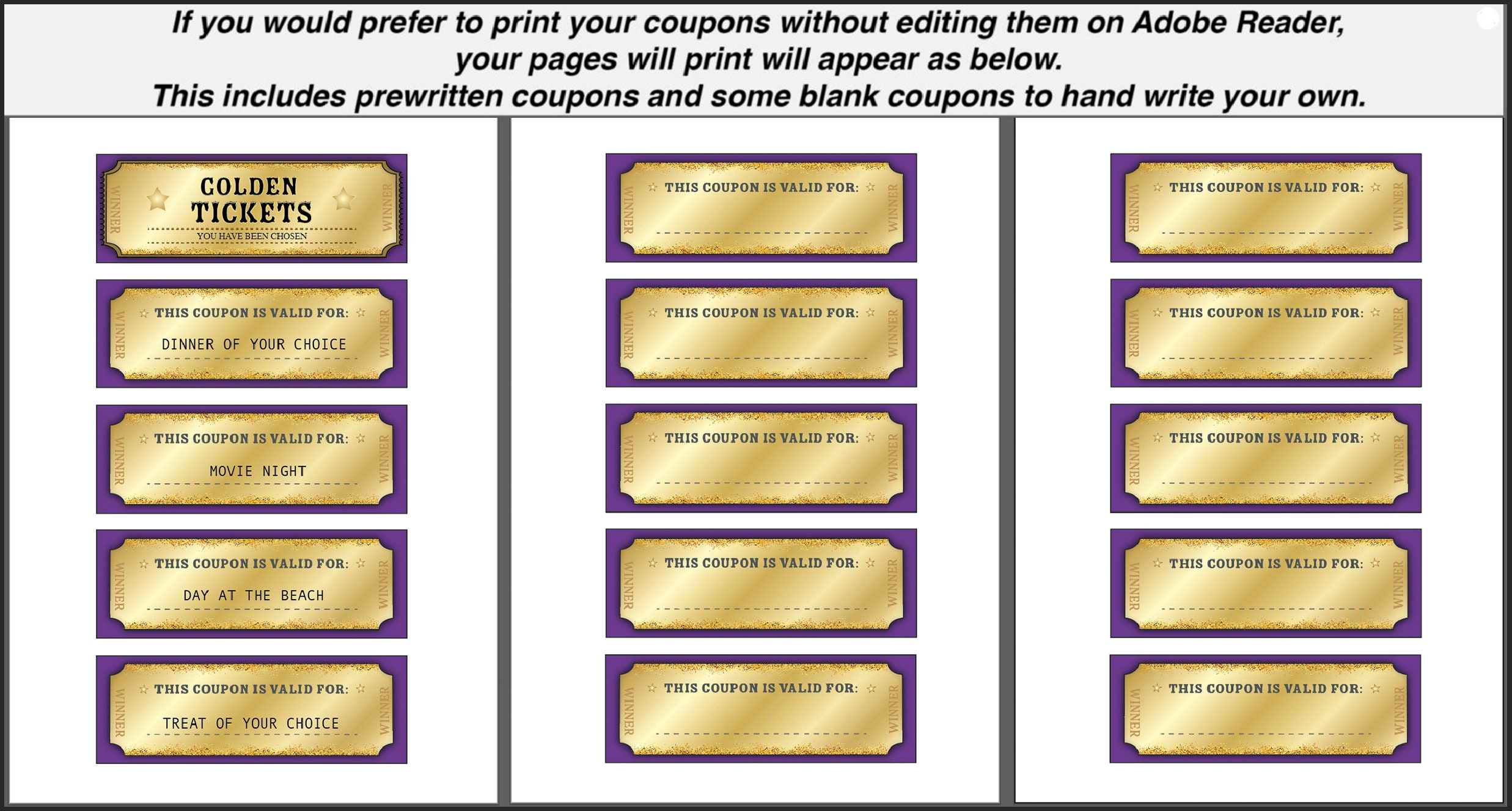 Printable 'golden Ticket' Coupons (editable PDF) Instant Download - Etsy