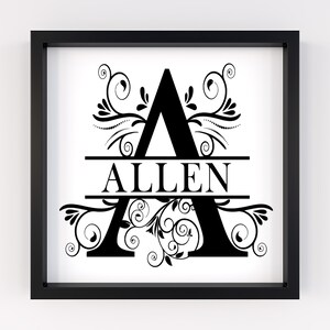 May include: Black and white framed print with a decorative floral design surrounding the letter A. The name ALLEN is written in all caps below the letter.