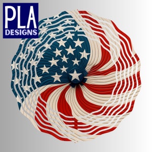 May include: A swirling design of red, white, and blue stripes and stars, resembling the American flag, with a white outline.
