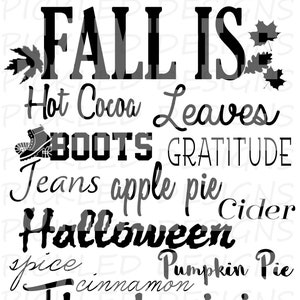 Puede incluir: Gráfico de texto en blanco y negro con las palabras "Fall is" y una lista de palabras relacionadas con el otoño, que incluyen "Hot Cocoa", "Leaves", "Boots", "Gratitude", "Jeans", "Apple Pie", "Cider", "Halloween", "Spice", "Cinnamon", "Pumpkin Pie", "Thanksgiving", "Football", "Cooler Weather" y "Family".