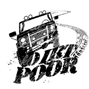 Pode incluir: Ilustração em preto e branco de um jipe ​​a conduzir numa estrada de terra com as palavras "Dirt Poor" numa fonte grunge.