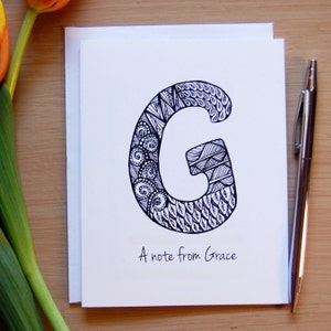 Personalisierte Notizkarten G, Monogramm Zentangle Notizkarte, Dankeskarte, Coworker Geschenk, Brautjungfern Geschenk, Lehrer Geschenk, Beleuchtete Buchstaben