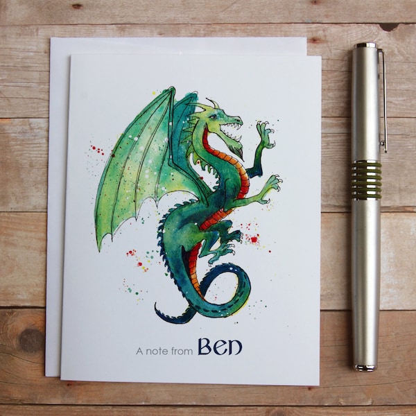 Personalized Dragon Note Cards - mythology fantasy gift, dragon gift, celtic european dragon, watercolor dragon thank you, flying dragon