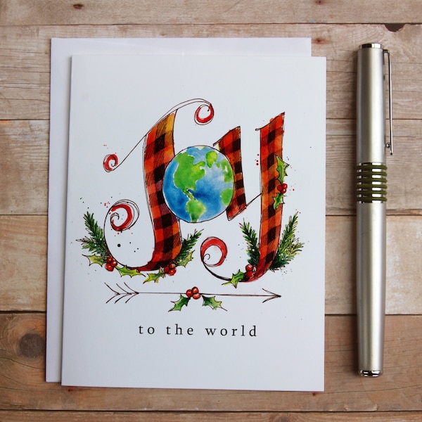 Joy to the World Note Cards - Merry Christmas Cards, Buffalo Check Christmas Cards, Buffalo Plaid, Joy Christmas Card, Peace on Earth Card