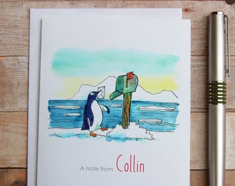 Cartes de notes de pingouin personnalisées - Boîte aux lettres de pingouin, Pingouin Gentoo, Antarctique, Merci de pingouin, Carte d’aquarelle fantaisiste, Note unique