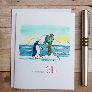 Personalized Penguin Note Cards - Penguin Mailbox, Gentoo Penguin, Antarctica, Penguin Thank You, Whimsical Watercolor Card, Unique Note
