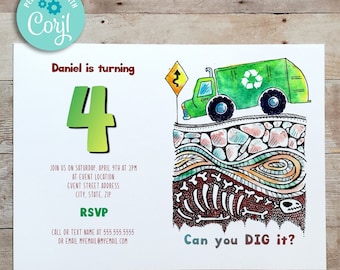 Recycling Truck Invitation - Recycling Garbage Truck  Birthday, Dinosaur Bones, Archeology - Editable Corjl Template, Edit and Print Today